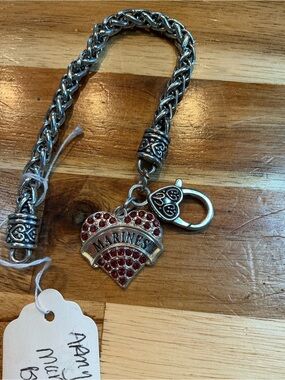 Marines Heart Charm Bracelet - Silver with Red Stones
